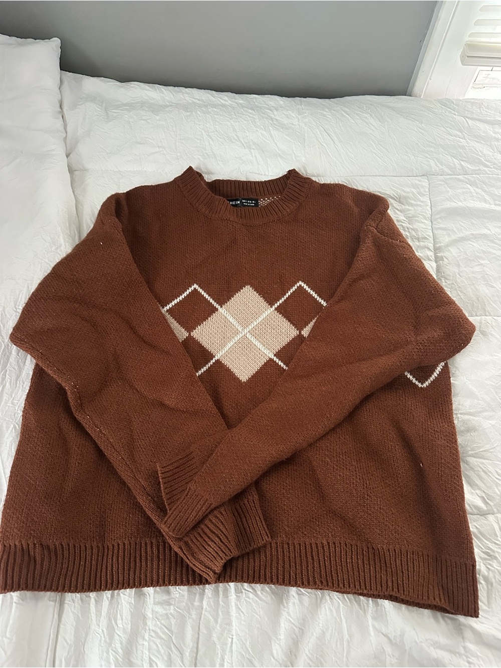 SHEIN Rust Brown and Cream Knit Argyle Sweater
